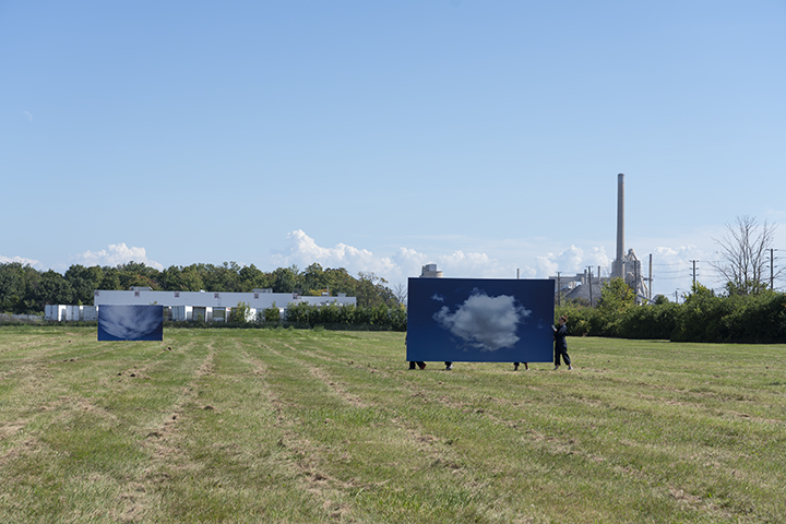Moving Image Work No.1: Of Weather, installation with performative activation, commissioned for the exhibition Work of Wind, 8 stretched photographic prints, each 8'(h)x14'(w), 2018