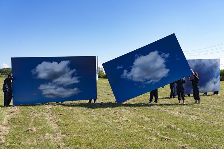 Moving Image Work No.1: Of Weather, installation with performative activation, commissioned for the exhibition Work of Wind, 8 stretched photographic prints, each 8'(h)x14'(w), 2018